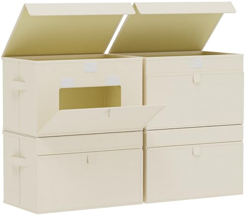 ENUMAIL Cubo di Stoccaggio in Tessuto, Cesto Portaoggetti con Coperchio, Organizzatore di Vestiti con Manici, Utilizzato in Camera da Letto o Soggiorno, 4 Pezzi, 38x25x25cm, Beige