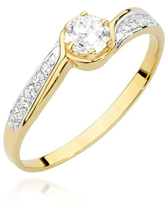 MARKO Bague classique pour femme en or véritable 8 carats (333) avec grand zircone – Bague de fiançailles avec pierres latérales – Bague en or élégante comme bijou ou cadeau pour petite amie, Or jaune