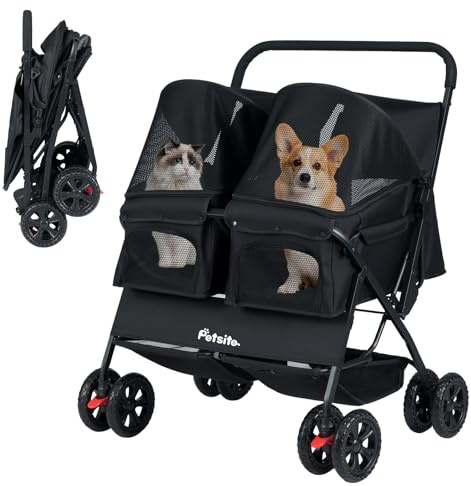 COSTWAY Carrito para Perros Doble, Cochecito Plegable para Perros con 2 Portabebés, Sombrilla Ajustable, Almohadilla Extraíble, Cinturón de Seguridad, Cesta, Carro Mascotas, Carga 12 kg uno (Negro)