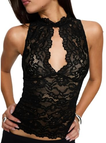 Women Sheer Lace Tank Top Sexy Sleeveless Mock See Through Slim Fit Floral Vest Y2K Date Night Shirts (Black, S)