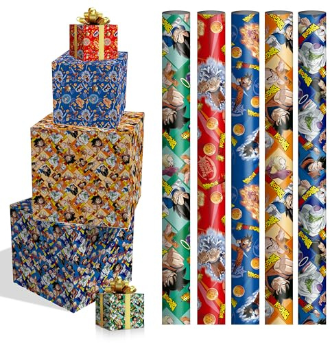 Pack de 5 Rollos de Papel de Regalo Ángel Europa, 70x200 cm, Diseños Surtidos, Envío en Caja de Cartón Protectora, (Dragon Ball)