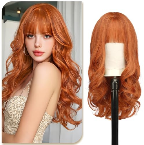 Sofeiyan Parrucca Lunga Riccia,60 cm Rosso Ramato Parrucca Ondulata Donna con Frangia,Sintetica Resistente al Calore per le Donne con Capelli Radi Indossare Tutti i Giorni Feste