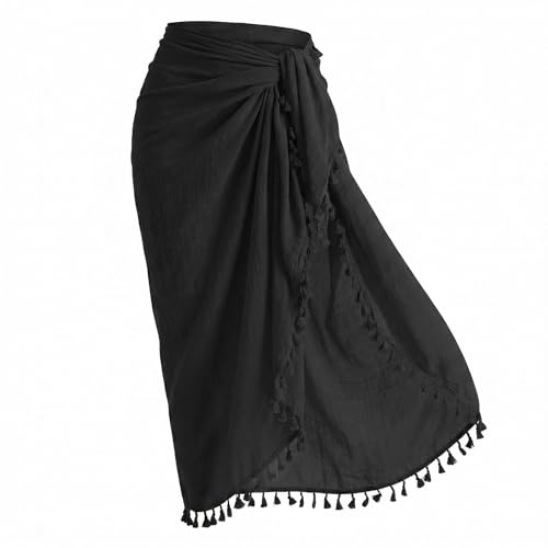 Falafoty Beach Sarong for Women Swimwear Bikini Cover Up, Tassel Wrap Sarong Pareo Long Sheer Beach Bathing Suit Summer Sexy Wrap Skirt Swim Sarong Dress Large Beach Scarf Shawl for Holiday Black
