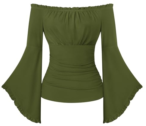 SCARLET DARKNESS Renaissance Pirate Wrap Top Women Off the Shoulder Flare Sleeve Blouse Medieval Gothic Halloween Costume