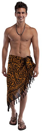 1 World Sarongs Mens Abstract Tribal Sarong in Goldish Brown