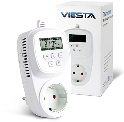 VIESTA® TH12 uttagstermostat, programmerbar, 7 dagar, 230 V / 16 A / 3600 W, 5–35°C, 0,5°C, LCD-display, EEPROM-minne, frostskydd, för elektriska värmare, värmepaneler och infravärme