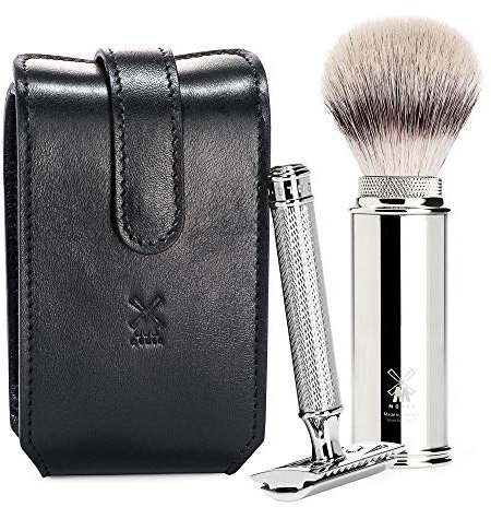 MÜHLE Travel Reiserasierset - Rasierpinsel mit Silvertip Fibre, Sicherheitsrasierer, schwarzes Lederetui - Griffe aus Metall