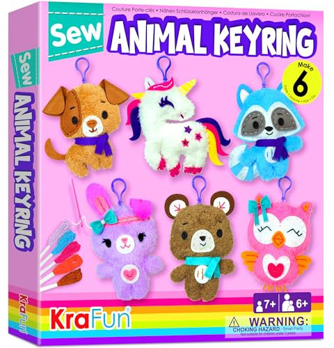 KRAFUN Kit de Couture Porte-Clés Licorne pour Enfants dès 7 Ans, 6 Projets Peluche (Hibou, Raton Laveur, Lapin, Licorne, Chiot), Feutre, Instructions, Jouet Éducatif