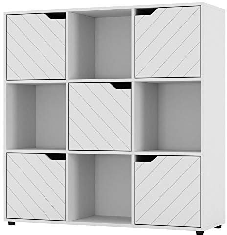 URBNLIVING Estantería de madera blanca con puertas de línea, estantería de almacenamiento, armario moderno (puerta blanca, cubo de 3 x 3 pulgadas (9 cubos)