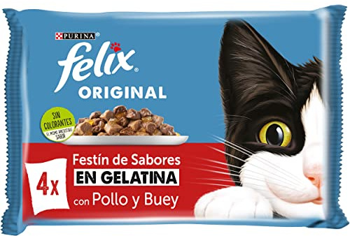FELIX Original, Comida Húmeda para Gato Adulto, Gelatina, Surtido de Pollo y Buey, 12 Packs de 4 Sobres de 85 g. (48 Sobres)