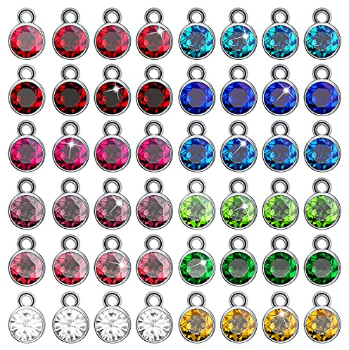 Gukasxi 96 Pieces Crystal Birthstone Charms Necklace Earring Bracelet Beads Pendants with Rings for DIY Jewelry Making and Crafting, 12 Colors (Silver Tray)