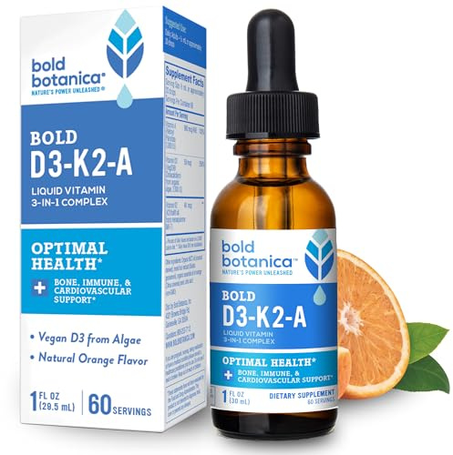 Bold Botanica Vitamin D3-K2-A Liquid Drops for Adults and Kids – 2500 IU Vegan D3 from Algae with K2 (MK7) & A, 3-in-1 Complex for Immune, Bone & Heart Support, Orange Flavor – 1 FL OZ, 60 Servings