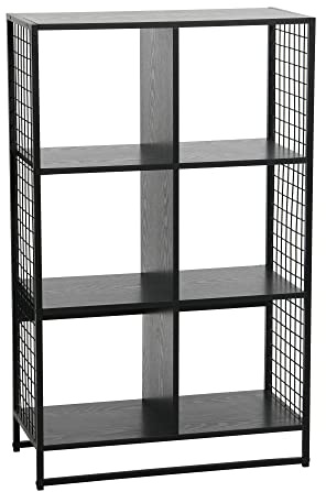 Household Essentials Trellis Open Storage Bookshelf with 6 Cube Compartments Black Oak Wood Grain and Black Metal