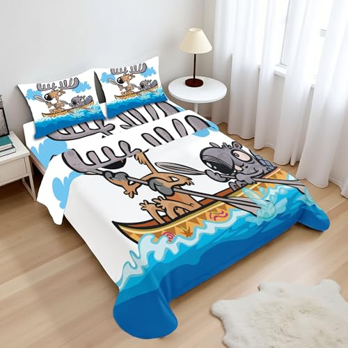 Ambesonne Moose Sheet Set, American Animals Boat Beaver Friend Canoe River Fun Native Characters Cartoon, Fitted and Flat Sheet with Pillowcases Bedding Accent 4 Piece Set, Full, Blue White Brown