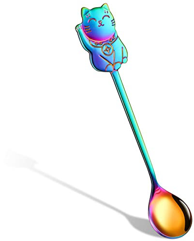 Nuenen Cuillère à Café de Chat Porte-Bonheur en Acier Inoxydable Long Manche Coloré pour Crème Glacée Thé Dessert Mignonne Cuillère à Mélanger de Chaton Nouveauté pour Tasse à Café