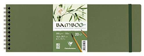 Clairefontaine 975928C - Bamboo Spiral Notebook - 20 Sheets of 100% Bamboo Watercolour Paper, Natural White, Vegan - Finely Marked Grain , 10.5x29.7 cm, 250g