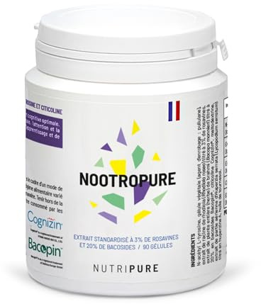 Nutripure | Nootropure | Complément Alimentaire Performances Cognitives | Mémoire, Concentration, Anti-Stress | Rhodiola, Bacopa, Tyrosine | 90 gélules | Cure de 1 mois | Made in France