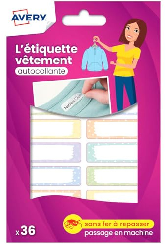 AVERY - Sachet de 36 étiquettes autocollantes pour vêtements, motifs pastels, format 4,5 x 1,3 cm