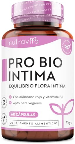 Pro Bio Intima - Probioticos Mujer - Probioticos Intestinales - Equlibrio Flora Intima - Lactobacillus con Arándano Rojo - Promueve una Flora Bacteriana Vaginal Saludable - 60 Cápsulas - Nutravita