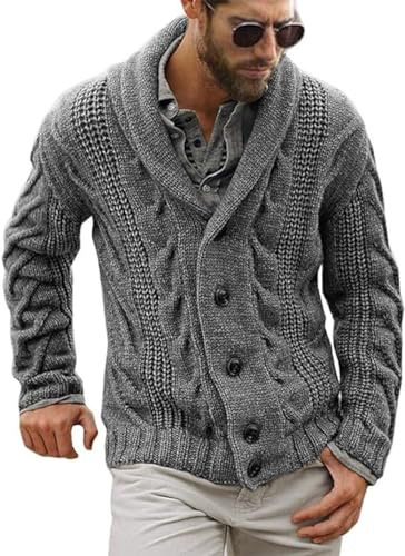 Cardigan à Col Châle Homme Cardigan à Manches Longues Épais Hiver Gilet Veste en Grosse Maille Veste Tricoté Chaud Gris XL