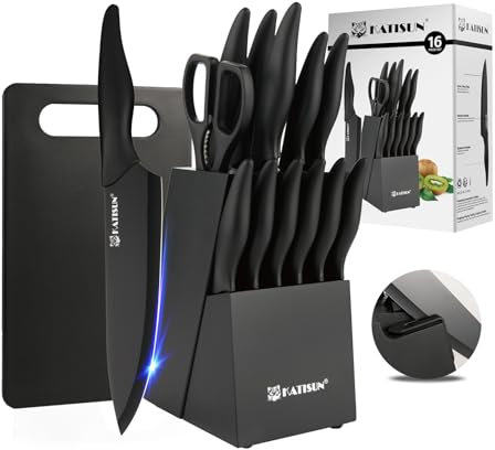 Professional Knife Set with Knife Block and Sharpener (16 pcs), Includes Chef Knife, Kitchen Knife Set with Scissors, Cutting Board, and Wooden Block - German Stainless Steel