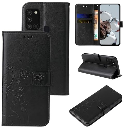 LBH Handy Hülle für Samsung Galaxy A21s Case Handytasche Schmetterling Blumen Flower Standfunktion Schutzhülle Magnet Rundum Schutz 360 Grad Flipcase Cover Schwarz