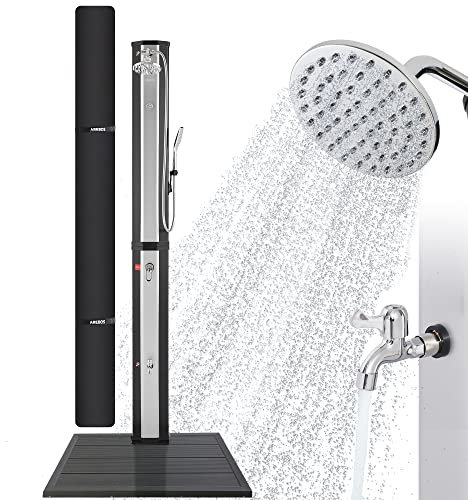 AREBOS Solar Shower 60 L | con doccetta e termometro | Temperatura dell'Acqua Fino a 60°C Doccia per Piscina | Soffione Rotondo | Tecnologia a Scatto | Incluso Coperchio e Piatto Fondo in Antracite