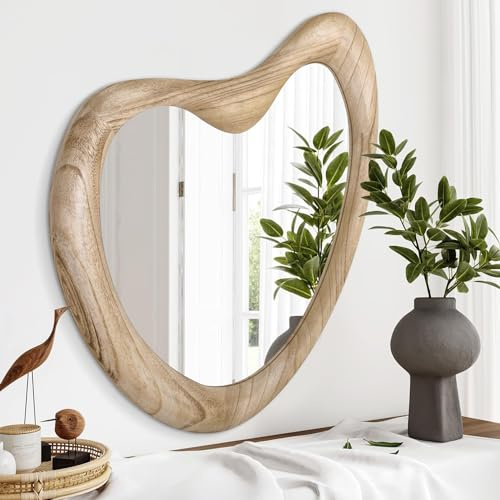 Specchio asimmetrico da parete, grande, 70 x 50 cm, specchio irregolare da parete, cornice in legno, forma unica, specchio artistico decorativo per camera da letto, bagno, soggiorno, ingresso