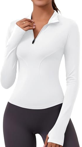 Rapbin Long Sleeve Gym Tops for Women UK Sports T-Shirt Workout Tops Running Shirts with Thumb Holes White S