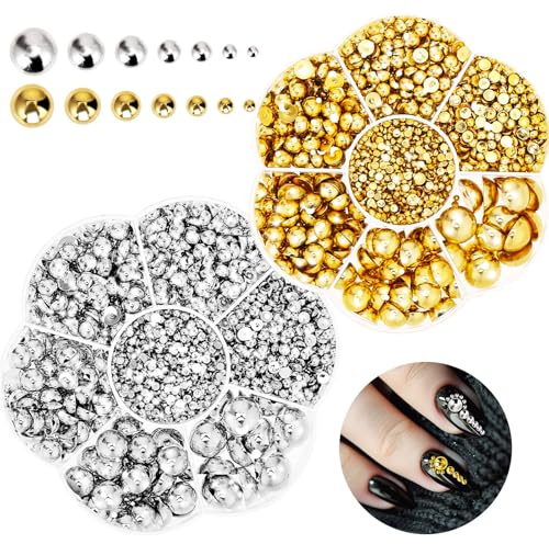 Giantree Perlas planas semicirculares, cuentas de media perlas de tamaño mixto, gemas de uñas para manicura, arte facial, manualidades, joyería (oro plateado)