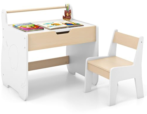 COSTWAY Kids Table and Chair Set, Wooden Children Table with Reversible Blackboard Tabletop, Paper Roll Holder, Toddler Activity Furniture for Learning, Drawing, Playing (White)