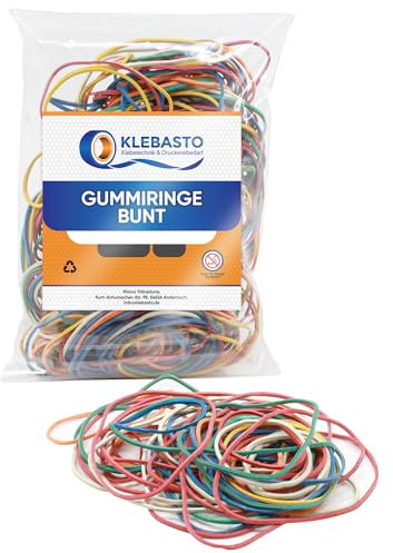 KLEBASTO Gummibänder | Gummiringe bunt für Haushalt,Büro,Basteln | Haushaltsgummis zum Bündeln, Fixieren & Verschließen u. v. m. | 20-60 mm farbig sortiert | Gummiringerl