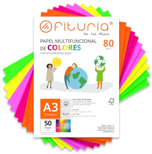OFITURIA Folios de Colores A3 80gr, Pack 50 Hojas – Papel de Colores para Manualidades, Impresora y Scrapbooking – Folios A3 Colores – Ideal Origami, Oficina y Escuela (Surtido Fluor)