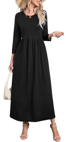Enmain Vestito Elegante Donna Lungo Nero Manica Lunga Invernale con Tasche Abito Casual Moda Autunno Inverno Taglie Forti Tinta Unita, L
