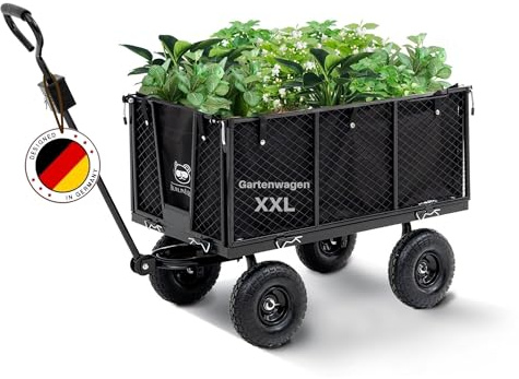 BERLINLODGE Bollerwagen für Garten All Black 205L Traglast 550kg HxBxT 96x53x105cm Schwarz Faltbarer Gartenwagen aus Metall klappbare Seiten Transportwagen Gartenkarre Handwagen