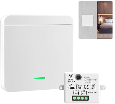 Interruptores de Luz Inalámbrico con 1 Interruptor y 1 Receptor 10A 230V 433MHzInterruptor de Pared Inalámbricos para Lámparas Interior y Exterior (1 Interruptor y 1 Receptor)