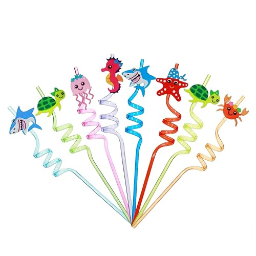 8 pajitas reutilizables para niños, animales marinos, pajitas de plástico para decoración de cumpleaños infantiles, juego de obsequios coloridos para fiestas temáticas del mundo submarino para niños y