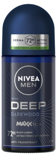 NIVEA MEN - Déodorant Bille DEEP Darkwood - Déodorant Homme 72H Anti-Transpirant Aisselles - Anti-Bactérien - Charbon Noir - Parfum Boisé Frais - Tous Types de Peaux - 50 ml