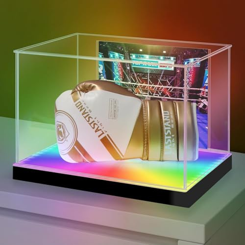 Vitrine de présentation pour Gants de Boxe, Vitrine Acrylique avec éclairage LED, Protection UV et Anti-poussière pour Gants de Boxe Autographié, LED Vitrine avec Support et Porte-Photo