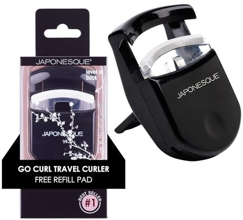 JAPONESQUE Travel Eyelash Curler, Black - Plastic Eyelash Curlers for Travel Makeup, Go Curl Lash Curler with Bonus Replacement Lash Pad - 1 Pack