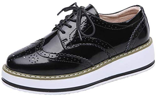 DADAWEN Brogues Femmes /Chaussures de Ville à Lacets Derbies Baskets Cuir Plateforme Noir 40