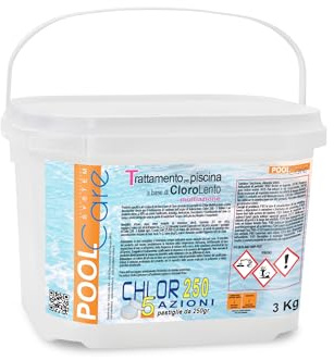 POOL CARE CHLOR 250 5 Actions -in tablets of 250gr. Active 90%. Slow Dissolving Multiaction Chlorine for Swimming Pool - Immediate Shipping 3KG
