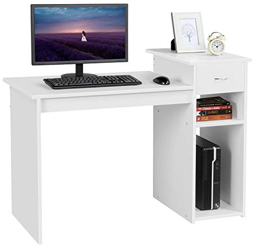 Yaheetech Escritorio Ordenador Blanco Brillo 112x70x50cm Mesa Escritorio con Cajones Mesa de Oficina Moderno con Estanteria para Despacho Estudio