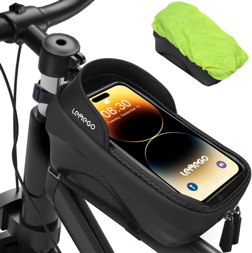 LEMEGO Waterproof Bicycle Phone Holder, Mountain Bike Frame Bag with Waterproof Rain Cover, Large Capacity Mountain Bike Bag, Touch Screen Phone Holder for Smartphone Under 6.8 Inches