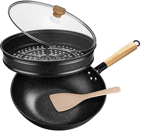 KYTD Non-Stick Wok with Steamer Basket,12 Inches Stir Fry Pans with Lid, Flat Bottom Pan Multifunctional Cookware Chinese Woks for Induction, Gas, Halogen