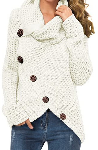 GRECERELLE Women's Winter Jumpers Knit Warm Turtle Neck Wrap Asymmetric Hem Jumper Sweater Tops with Button for Ladies (White, M)