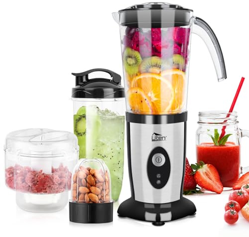 Smoothie Maker Uten Standmixer Edelstahl Mixer 5 in 1 Multifunktion Blender, Entsafter, Fleisch Zerkleinerer, Ice Crusher, Kaffeemühle mit 600ml Sportflaschen, Mixer Küche für Zuhause Büro Camping