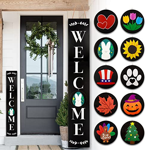 Monjita Welcome Sign for Front Porch Standing, Interchangeable Wooden Sign with 5 Designed Double-Sided Icons for Front Door, All Seasonal Farmhouse Rustic Modern Porch Decor for Fall Harvest