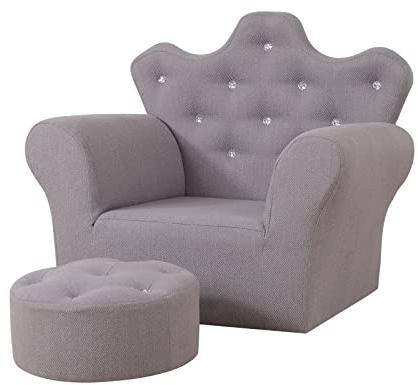 PWTJ Children’s Sofa/Kid Upholstered Chair with Ottoman/Kid Sofa with Crystal Button Back/High Grade Linen Fabric Princess Children Chair for 0-3 Years Children Using (Grey)