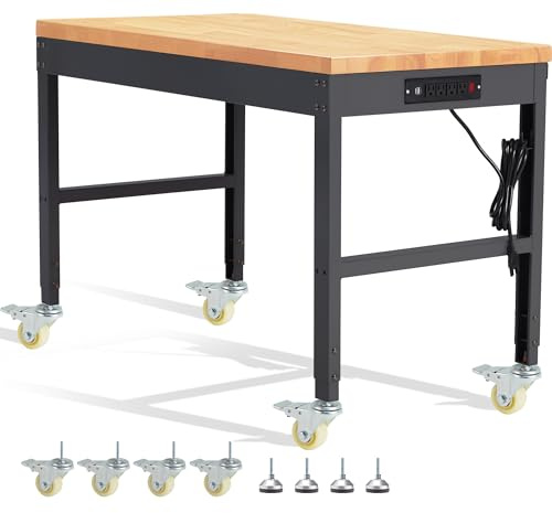 HABUTWAY Height Adjustable Workbench with Wheels 48 x 24 2000 Lbs Capacity Solid Wood Work Station Heavy-Duty Rolling Work Tables for Garage Party Shop Office